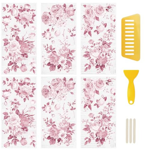 WANDIC Lot de 6 Autocollants de Transfert Roses à appliquer sur des Fleurs, pour Emballage Cadeau, Scrapbooking, Albums Photo, Meubles, 15 x 30 cm