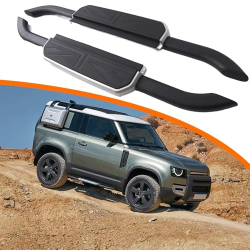 2 x seitliche Trittbretter für Land Rover Defender 90 2020–2024 L663 2-Türer Trittbrett, Pedalschienenbrett (Flaggen-Stil, silberfarbener Rahmen)