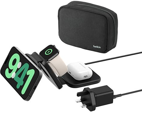 Belkin BoostCharge Pro Foldable Qi2-Certified Wireless Charger 3-in-1 Magnetic Charging Travel Pad 15W - MagSafe-Compatible Portable Charger for iPhone 16/15/14, Apple Watch 10, AirPods