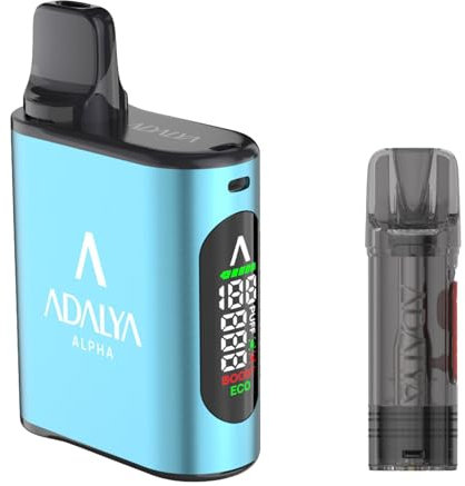 Alpha AR1800 Akkuträger mit LED Anzeige & 1 Leerpod, Basisgerät 650mAh Akku mit Display, 1,2 Ω Pod System, Mesh-Coil Mod, Elfa Kompatibel, Ohne Nikotin, Ohne Liquid - Adalya Blau