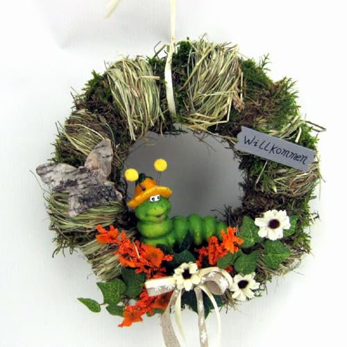 Tisch- oder Türkranz rund ø 28 cm - mit Deko Raupe - frisch gebunden Natur - Willkommensgruß Frühling - Ostern - Sommer (Art.353)
