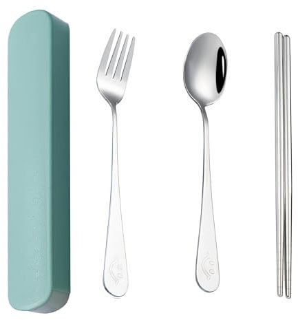 4 Pack Stainless Steel Portable Travel Cutlery Set, Reusable Travel Cutlery Set with Case, Stainless Steel Cutlery, Suitable for Camping, Picnic, School, Office, Daily Use (Green)