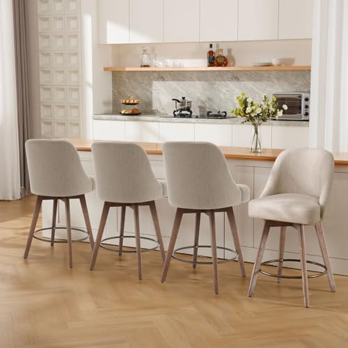 Bekrvio Counter Height Bar Stools Set of 4, Mid-Century Modern Swivel Barstools with Back and Wood Legs, Linen Fabric Upholstered Chairs 65CM Seat Height Counter Stools (Linen Sand, 4PCS)
