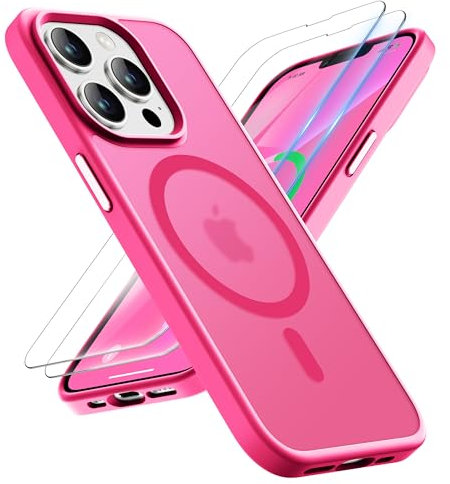 ORETECH Magnetic Case for iPhone 13 Pro Max Case, with [2 Pack 9H Screen Protector] [Fit for MagSafe] [Military Grade Shockproof] Translucent Matte Back Slim Thin Phone Case Cover - Hot Pink