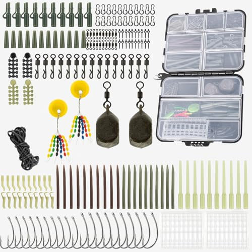 SF 217PCS Carp Fishing Tackle Box Accessories Kit, Includes Anti-Tangle Sleeve, Bait Screws, Hook Stop Beads, Swivels, Weights