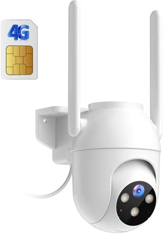 4G LTE Camara Vigilancia Exterior con Sim: 2K HD Camara Vigilancia Interior - 360° PTZ Videovigilancia sin Internet Visión Nocturna en Color Detector de Movimiento IP66 - Cable