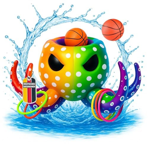 2in1 Wasser-Basketball & Ringwurfspiel Bunt Wasserspiel Set, aufblasbares Wasserballspiel KRAKI Basketballkorb mit 6 Ringe, 2 Bälle, 2 Pumpen, für Kinder & Erwachsene im Pool, Schwimmbad oder Strand