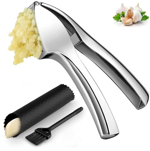 Premium Garlic Press with Garlic Peeler Tube | Super Easy to Use & Clean, Heavy Duty Crusher & Mincer, Crush Garlic & Ginger Effortlessly, Strong & Durable