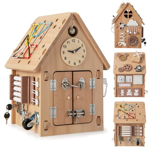 HOMASIS Casa dei Giochi per Bambini in Legno, Casa dei Divertimenti con Orologio, Rubinetto, Interruttore, Timer, Spina e Presa, Giochi Sensoriali e Montessori per Bambini da 3+ Anni, Naturale