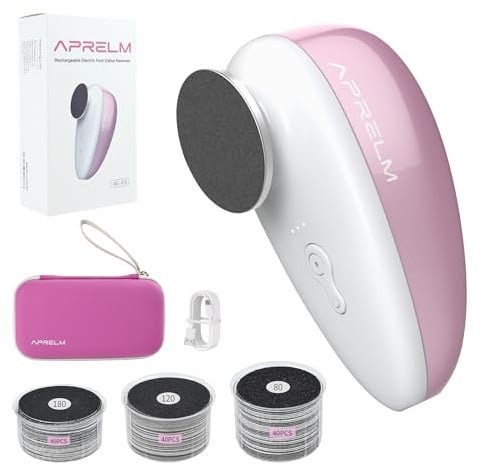 AprElm-E5 Wiederaufladbarer elektrischer Hornhautentferner mit 120 Stück Schleifpapier, professionelle 1000 U/min, elektrische Fußfeile mit Organizer, Pediküre-Werkzeuge, Geschenke für Damen-Rosa