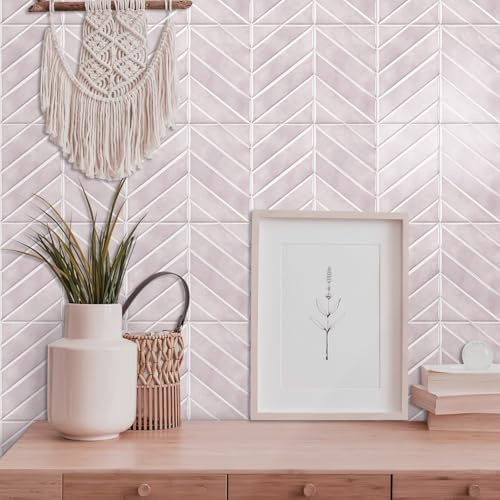 Alwayspon 23x29cmx10Stk Blassrosa Fischgrät 3D Vinyl Wandfliesenaufkleber, Abzieh- und Aufklebe-Selbstklebend Wasserfest Spritzschutz Fliesenaufkleber für Küche, Badezimmer, Wand
