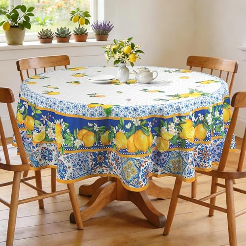 Arquiel Polyester Tischdecke mit Mittelmeer Zitrone, Waschbar, Rund Ø 180cm | Wiederverwendbare, Waschbare Polyester Tischdecke mit Zitrone Blättermuster, wasserabweisend für Sommerdeko