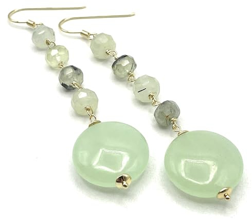 Grüne Jade Ohrringe mit Prehnit, Italienisches Gold Vermeil, Lange Stein Ohrhänger, Edelstein Schmuck