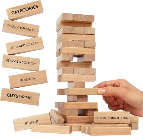 Timber Tower Holzblock Stapelspiel 2026 Valentinstag Geschenk Romantisches Paar Trinkspiel Flirten Sprechen Herausforderung für Date Nacht Jahrestag, 54 lustige Stapelblöcke Geschenke (Natürlich, 1PC)