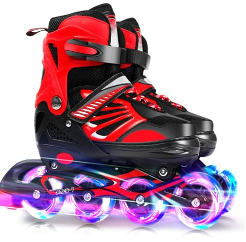 Fesjoy Beleuchtende Inline-Skates für mit Leuchtenden Rädern, ABEC-7-Lager, Einstellbare Größe, Sichere Skates für Jungen und Mädchen, Schwarz/Rot S/M/L (L)