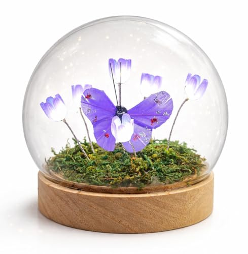 LED Deko Kugel Lila Blumen Schmetterling Glaskugel mit Holzsockel Timer 11cm - batteriebetriebene Frühlingsdeko für Tisch, Fensterbank & Geschenk