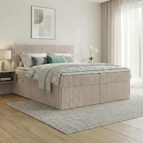 A&J MöbelLand Boxspringbett RALF 180x200 mit Bettkasten und Topper – Bonellmatratze H3 – Stauraum in Beige