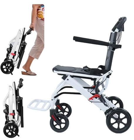Silla de ruedas plegable portátil, silla de ruedas de viaje ligera para personas mayores con asiento más ancho, mango telescópico, ruedas traseras de 12 pulgadas y cinturón de seguridad, soporta 120