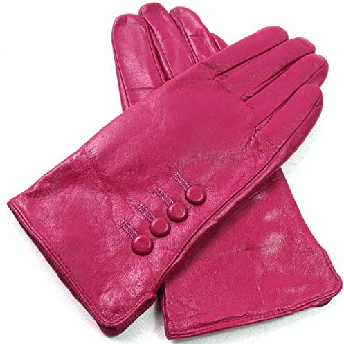 Damen Premium Qualität Original Superweich Leder Handschuhe Kunstpelz Futter Winter Alltag Warm - Magenta, L