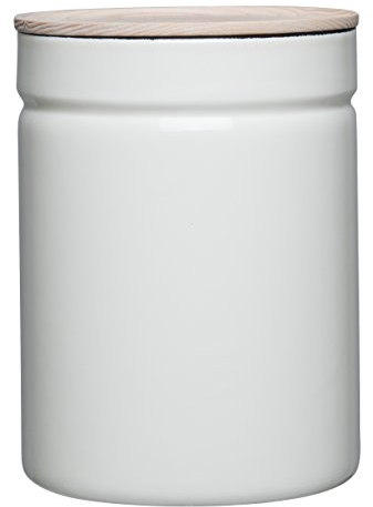Riess, 2175-212, Vorratsdose mit Eschenholzdeckel, Durchmesser 13 cm, Höhe 18 cm, Inhalt 2250 ml, PURE WHITE, KITCHEN-MANAGEMENT, Truehomeware, Emaille