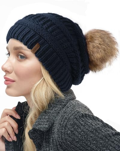 FURTALK Beaniemütze für Frauen Slouch Style Warme Wintermütze mit Kunstpelz Bommel