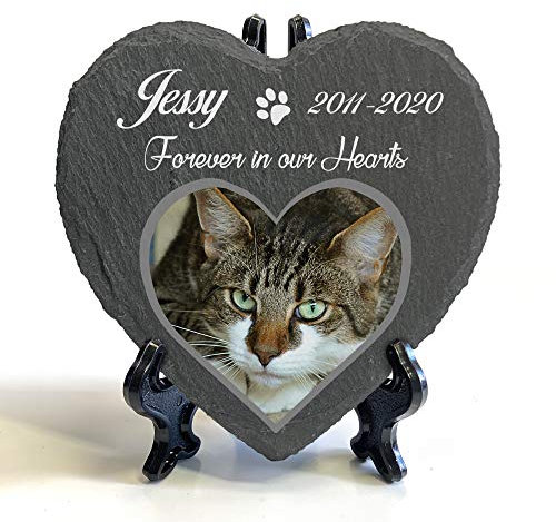 TULLUN Personalised Memorial Heart Shape Plaque + Black Stand For Pet Cat Dog Slate Stone Rock Frame Paw Grave Marker - Photo and Name - Size | 4 x 4 or 10 x 10 cm |