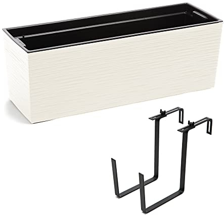 botle Balkonkasten Pflanzkasten Blumenkasten Wasserspeicher Kunststoff Geländerkasten Flexible Metallhalterung pulverbeschichtet 56 x 18,5 x 19,5 cm 3 Oberflächendesign 5 Farben (Beige, Meißeloptik)