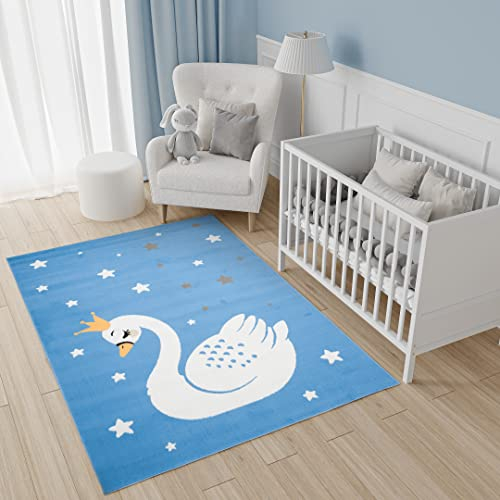 TAPISO Jolly Teppich Kurzflor Kinderzimmer Schlafzimmer Spielmatte Blau Sterne Schwan Tiere Design 200 x 300 cm