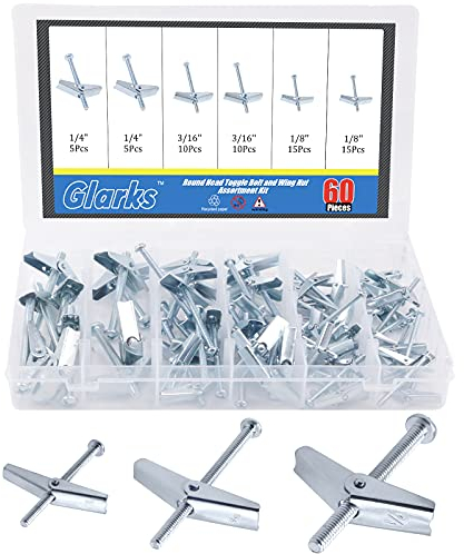 Glarks Juego de 60 pernos de palanca redondos de acero chapado en zinc de 1/8 pulgadas, 3/16 pulgadas, 1/4 pulgadas, kit surtido de tuercas para colgar artículos pesados en paneles de yeso
