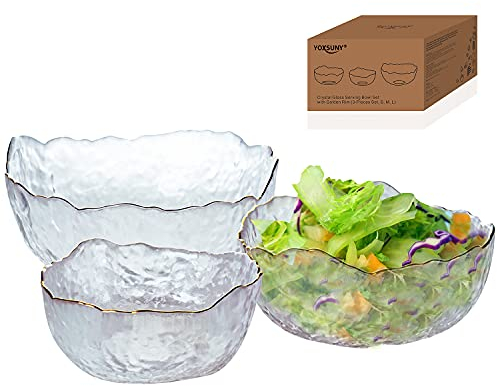 Yoxsuny Glasschale, 3 verschiedene Größen (400 ml) (600 ml) (1100 ml) Goldrand und unregelmäßige Form) Einzigartig und elegant für Salat, Snacks, Popcornbonbons etc.