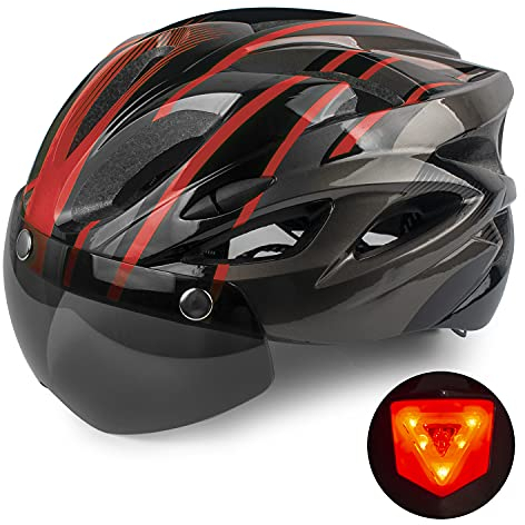 Shinmax Casque de vélo avec éclairage LED, Casque de vélo Unisexe avec Visière de Protection éclairage de sécurité Casque de vélo Adulte magnétique Amovible Planche à roulettes Ski & Snowboard 56-62cm