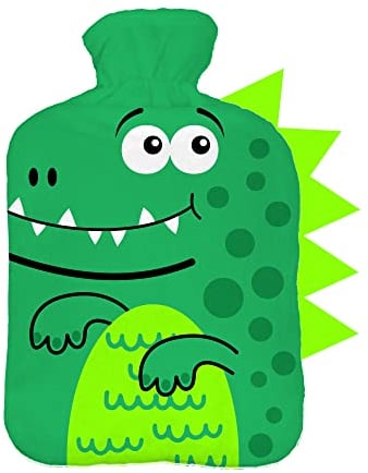Wärmflasche mit Pullover Bezug 2 Liter Bettflasche mit schönen Fleece-Druck Bezug Gummi Wärmflasche mit Deckel Weiß Grüner Dino Krokodil [092]