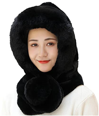 Kolylong® Mütze Damen Plüschmütze Mit Kunstpelz Bommel Pom Faltbar Winter warme Wintermütze Warm Weichem Innenfutter Nackenwärmer Kunstpelz Flauschige Fischerhut für Frauen