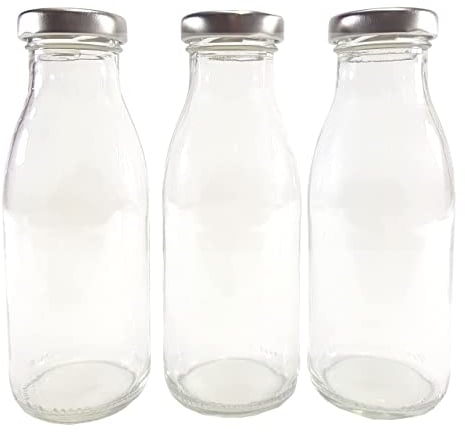 Britten & James 250ml Retro Glass Milk Bottles with Silver Lids (Pack of 3). Cute and Practical - for Homemade Milk and Yoghurts, Decoration and Weddings