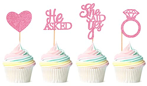 Blumomon Cupcake-Topper mit Aufschrift He Asked She Said Yes, hellrosa, glitzernd, Herzring, Cupcake-Picks, Hochzeit, Verlobung, Brautparty, Party, Kuchendekoration, Zubehör
