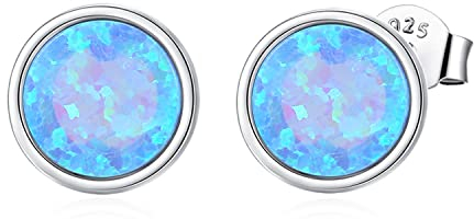 KristLand Runder Opal Ohrstecker Ohrringe aus Sterling Silber 925 Silber Vergoldeter Ohrring mit Blauem Opal Geschenk für Frau Damen Mädchen