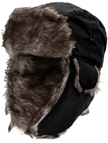 NONMON Unisex Winter Fliegermütze mit Ohrenklappen, Warme Kunstfellmütze Bomber Hut Damen Herren Trappermütze wasserdichte Schneedichte Winddichte für Skifahren Outdoor Aktivitäten - Schwarz