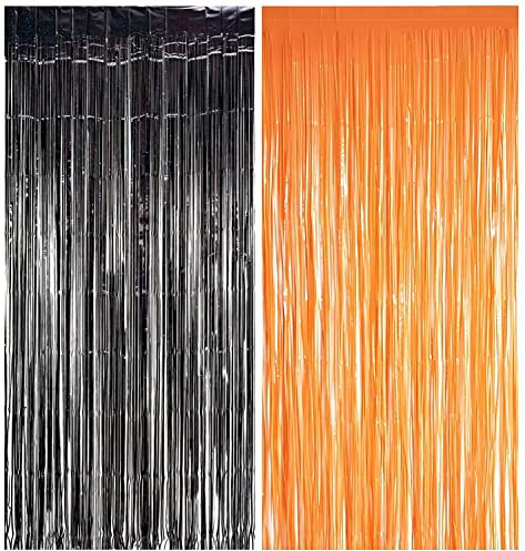ZHIHUI 2Pcs Metallic Tinsel Foil Fringe Curtains, Black Orange Metallic Tinsel Curtains Aluminum Foil Flow Silk Curtain Background Streamer Birthday Party Wedding Holiday Decoration(3.3 ft x 6.8 ft)