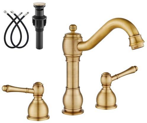 gotonovo 20,3 cm (8 Zoll) Antikes Messing breit verbreitete Badezimmer-Wasserhähne für Waschbecken, 3 Löcher, 2 Hebelgriff, Deckhalterung mit Pop-Up-Ablaufgarnitur mit Heiß- und Kaltwasserleitungen