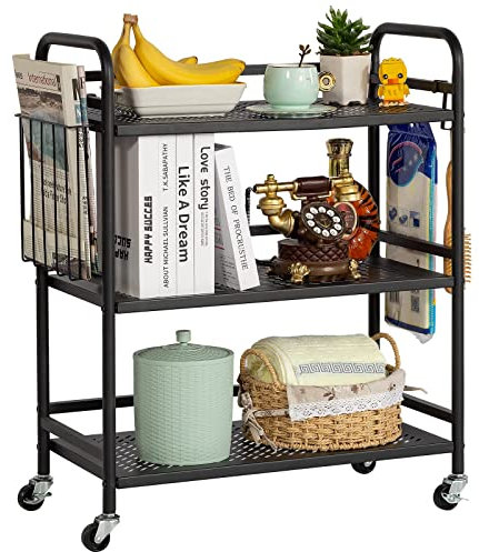 HDANI Mehrzweckwagen mit 3 Etagen aus Metallgeflecht, großes Fassungsvermögen, schweres Mehrzweckfahrzeug, Rollwagen mit Haken und einem Korb,Schwarz