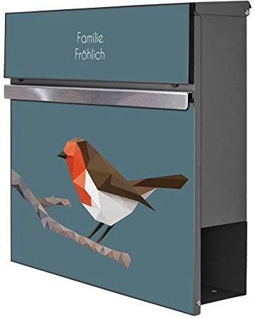 banjado® Briefkasten personalisiert Anthrazit mit Motiv Abstrakter Vogel/Briefkasten mit Zeitungsfach 37x37x10,5 cm/Postkasten A4 Einwurf inkl. Montagematerial & 2 Schlüsseln