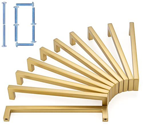 KOOFIZO 10 Pack 6-1/4 in Brushed Gold Cabinet Pulls Handle Door Drawer 1816 | Solid Metal, Sturdy, Comfortable, Square Bar Hardware, Kitchen Cabinet Pull, for Dresser Cupboard Bedroom Bathroom Vanity