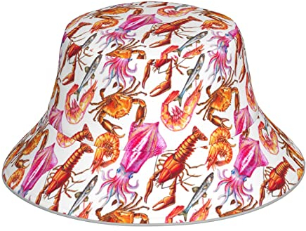 Crab Shrimp Octopus Bucket Hat Bucket Cap Lässige Wende-Strand-Sonnenhut Fischerkappe für Damen Herren Schwarz
