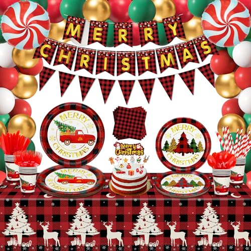 166PCS Fiesta de Navidad Decoración Rojo Negro Plaid Christmas Party Supplies Set Christmas Party Tableware Set-Platos, Servilletas, Mantel, Bandera para Navidad Fiesta Cena Decoración Sirve 20