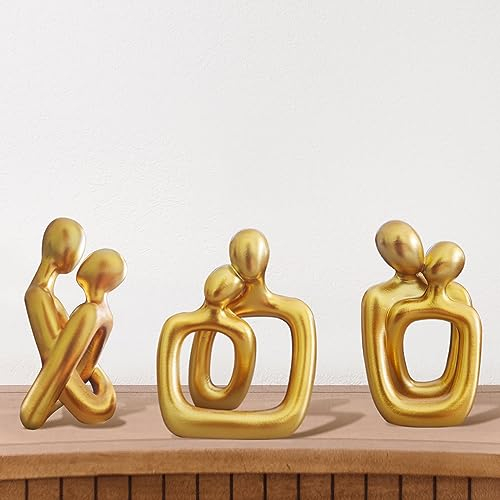 3pcs Home Decor gold Statues Resin Couple Sculptures Abstract Art Action Ornaments For Living Room office book shelf decoration Figurines For Wedding Gifts/Valentine’S Day Present (Gold)