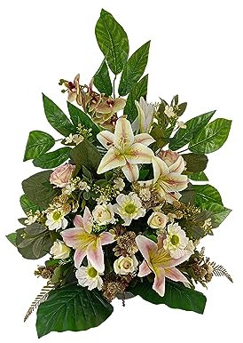 DRW Centro Flores Artificiales Cementerio, Santos, Iglesias, Aniversarios, Ceremonias, Bodas Rosa otoñal con liliums, orquideas y Rosas 85x95x40 cm