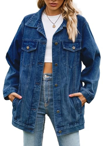 Sukany Women's Casual Denim Jacket Oversized Button Up Turn Down Collar Loose Long Sleeve Mid Long Coat