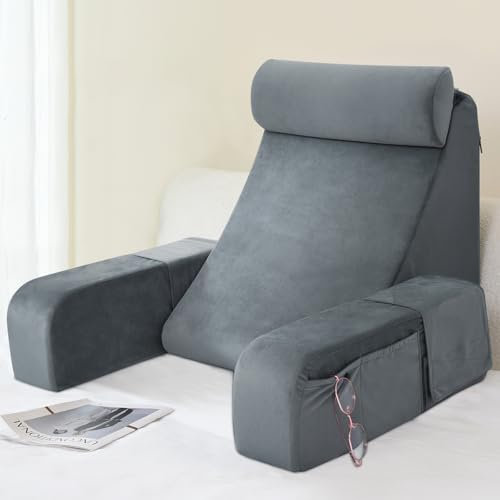 ENITYA Reading Pillow for Sitting in Bed Adult, 19 Back Pillow for Bed Sitting up, Backrest Cushion for Reclining/Reading/Gaming/Resting/Watching TV, Bedrest, Couch or Floor, Medium(Grey)