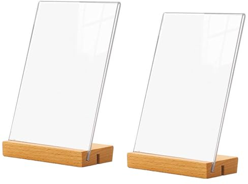 Support Acrylique A5, Présentoirs de Table Forme de T, Porte Carte de Menu 2 Pièces, Porte Carte Transparent, Support D'affiche à Double Fente pour Carte, avec Base en Bois, pour Restaurant, Café