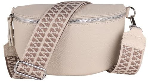 MIRROSI® Bauchtasche Damen, Echtleder, Made in Italy, Umhängetasche, Brusttasche, Crossbody Bag (1 Tasche & 2 Gurte) (Beige (Zahnrad Beige Taupe), Große Tasche (28x18x9cm))
